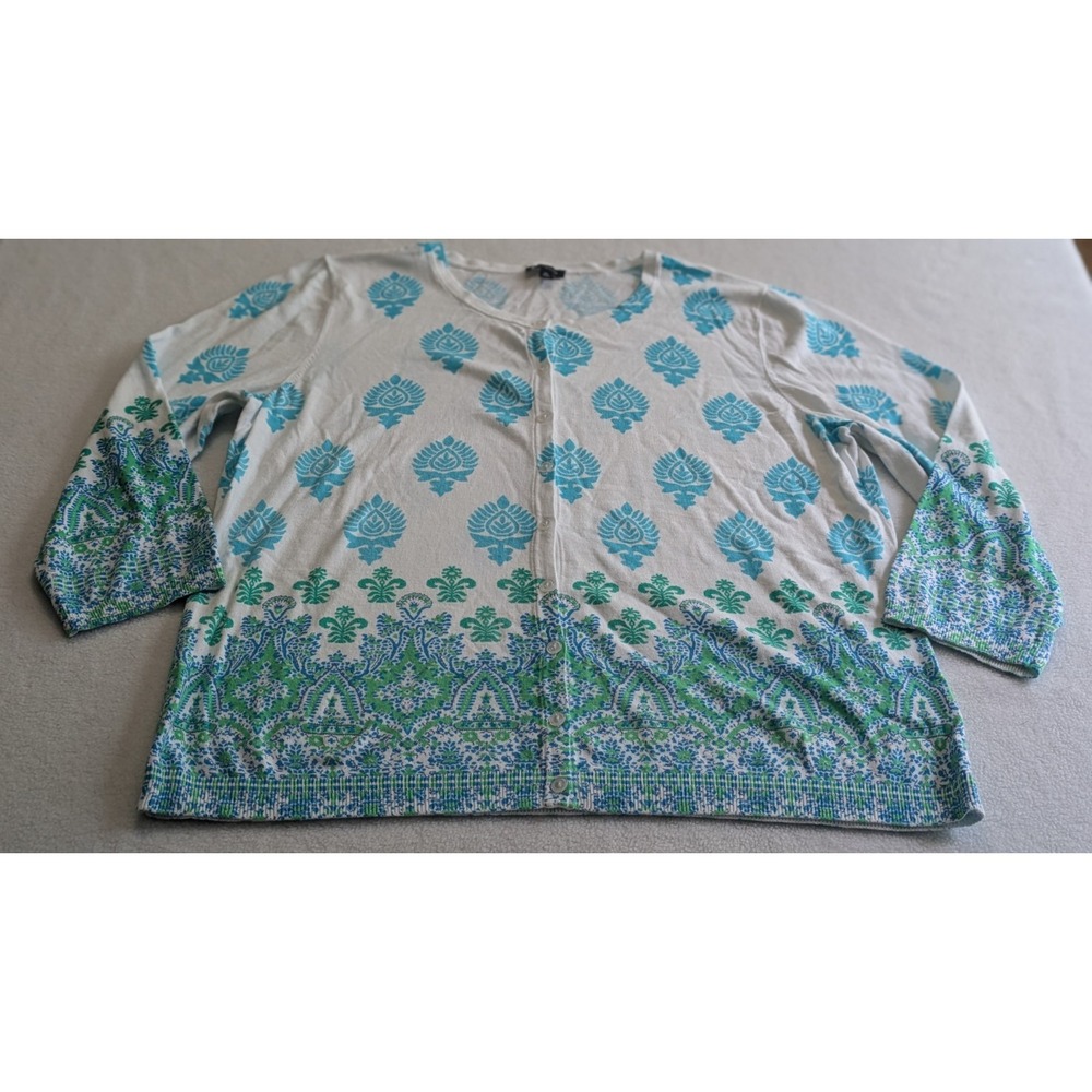 Talbots Womens Sweater XL Cardigan 3/4‎ Sleeve Knit Fantastic Foulard White Blue
